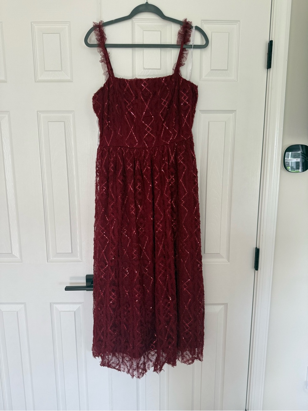New York & Company Burgundy Lace Midi Dress with Spaghetti Straps